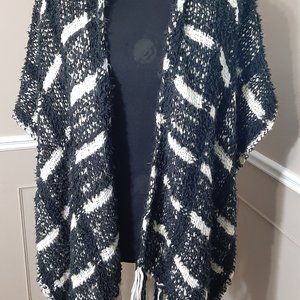 Black/White Hooded, wool Ruana with tassles
